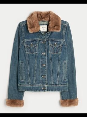 Hollister Blue Denim Jacket with Tan Faux Fur Collar & Cuffs NWOT SIZE XL